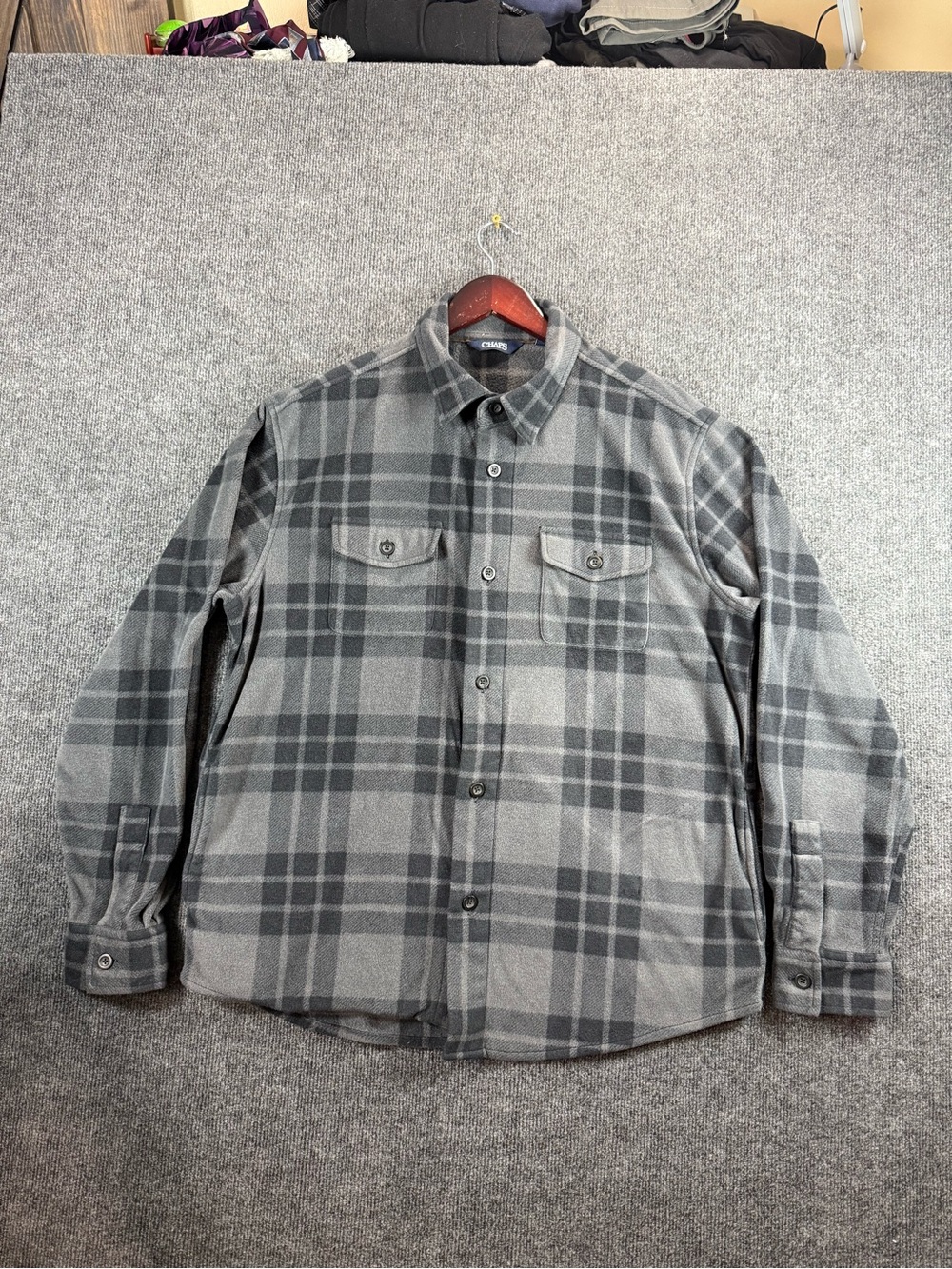 Chaps Mens Large Gray Plaid Fleece Shirt Jacket Shacket Button Up L